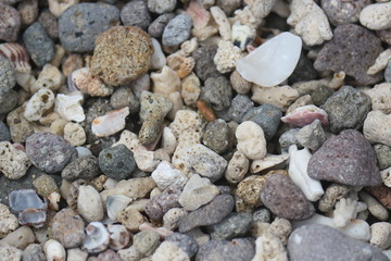 Background texture close up view of beach pebbles scattered on the beach