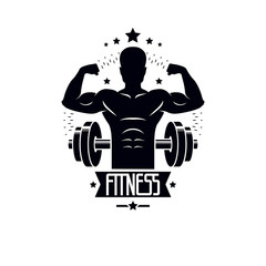 Bodybuilding and fitness sport logo templates, vintage style vector emblem. With bodybuilder silhouette.