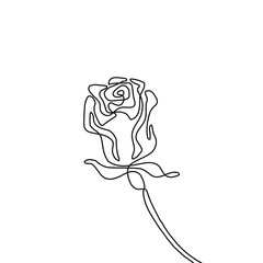 Rose flower, continuous line drawing, small tattoo, print for clothes and logo design, emblem or logo design, silhouette one single line on a white background, isolated vector illustration.