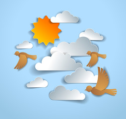 Birds flying in the sky among beautiful clouds and sun, summer cloudscape, vector illustration in paper cut kids style.