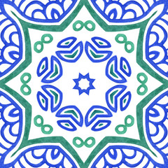 Antique portuguese tiles. Blue Azulejos ceramic. Spanish pottery..Sicily italian majolica. Vintage ethnic background . Mediterranean watercolor seamless wallpaper. Moroccan ornaments in indigo color
