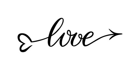 The word love hand-drawn lettering love in the form of an arrow. Vector lettering typography word love with heart and arrow
