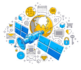 Planet earth and satellite flying orbital flight with icon set, internet activity, online payments, electronic business concept, marketplace or shop, vector design.