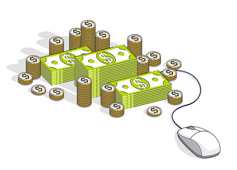 Online finance concept, web payments, internet earnings, online banking, cash money stacks with computer mouse connected to piles. Isometric 3d vector business and finance illustration.