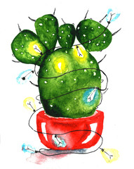 Cactus Christmas with garland lights watercolor, succulent, houseplant in red flowerpot, isolated on white background