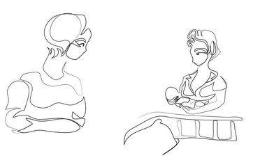 One continuous line drawing of baby sitter. Simple line art drawing of baby sitter and mother in baby house.