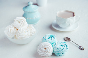 Blue and white homemade marshmallows and cocoa cup