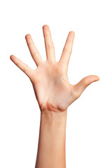 woman on white background is pointing at number four