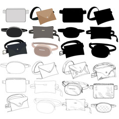 vector, isolated, set of belt women bags