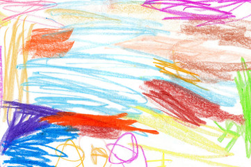 Fototapeta na wymiar Expressive abstract drawing made with colorful crayons, wax crayon texture on paper, strokes, scribbles of different colors