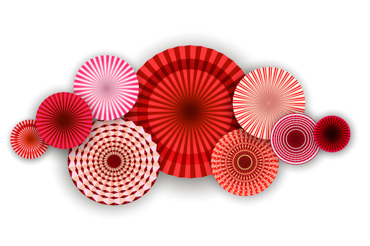 Red round fans on a white background. Paper festive geometric shapes for the holiday. Beautiful asian banner and background