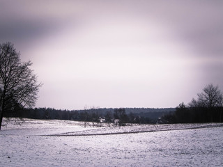 Winter over Kashubian meadows, Polish nature.
