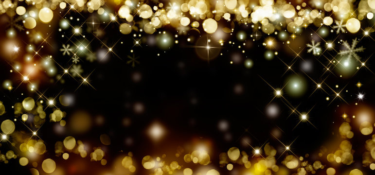 Golden glitter background with stars. Merry Christmas and happy New Year greeting card