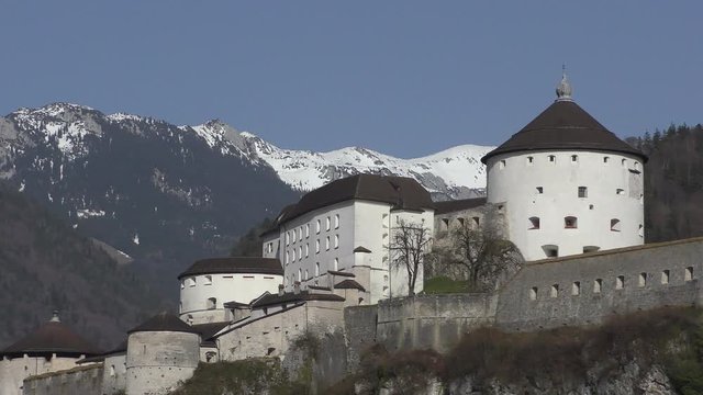 Kufstein fortress on a hilltop over river, Tyrol. The fortress dominated over the Inn river trade path in the Medieval era
