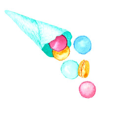 Watercolor playful macaroons scatter from a waffle cone. Bright, relevant cookie colors are perfect for decorating children's, and not only holidays. Use in paper, textile products and other areas.