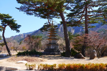Obraz premium scenery with buddhist stone temple, mountains in the back on a sunny day, upright view