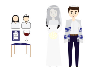Jewish Bride and Groom and Jewish Wedding Icons on White Background