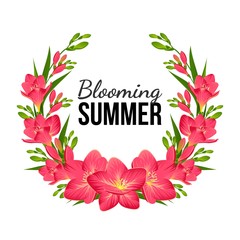 Festive banner with blooming red freesias in vector
