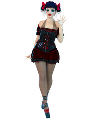 3D girl doll big blue eyes and bright makeup.