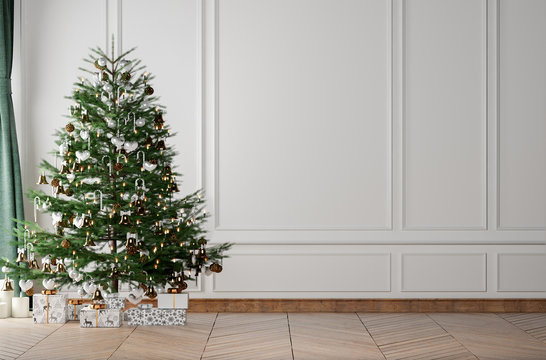 Mock up interior White blank wall, empty interior with christmas tree and gifts. 3d render illustration
