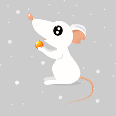 Little white rat holding a christmas ball. Vector illustration
