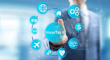 Insurtech button on virtual screen. Insurance technology internet digital iot insured family car property health. - obrazy, fototapety, plakaty