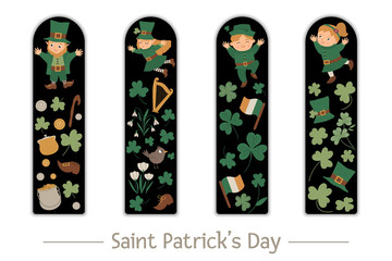 Vector Saint Patrick’s Day set of bookmarks for children. Cute leprechaun, fairy, shamrock on black background. holiday themed vertical layout card templates. Stationery for kids..