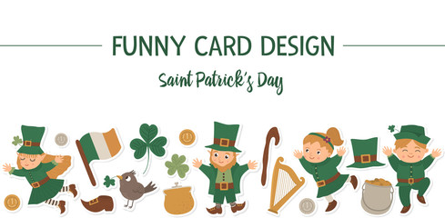 Fototapeta premium Vector Saint Patrick’s Day horizontal layout frame border with leprechaun, shamrock stickers isolated on white background. Irish holiday themed banner or invitation with place for text. .