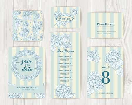 Bundle of Save The Date and RSVP Invitation Card. Coctail party invitation card with blue flowers of hydrangea on tile background. Set of Floral vertical templates with garden blooming flowers