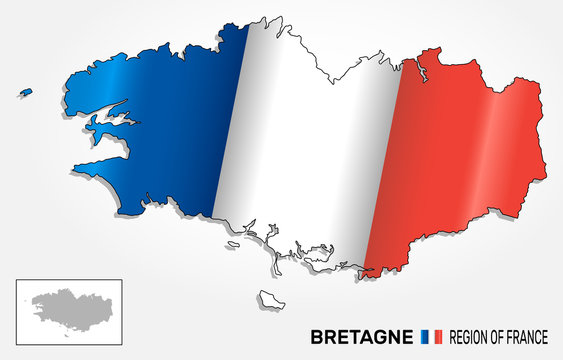 Map of the french region Brittany combined with waving french national flag. Silhouette or borders for geographic themes - Vector