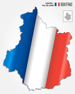 Map of the french region Centre-Val de Loire combined with waving french national flag. Silhouette or borders for geographic themes - Vector