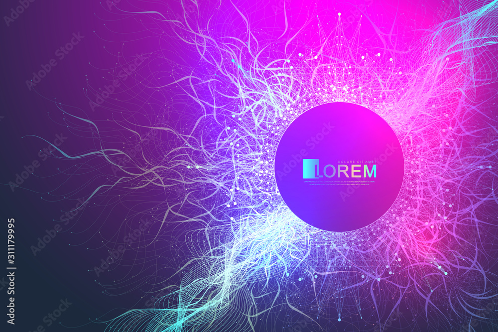 Fototapete Abstract dynamic motion lines and dots background with colorful particles. Digital streaming background, wave flow. Plexus stream background. Big Data technology, vector illustration