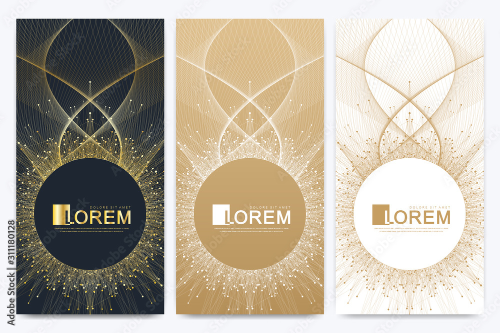 Poster Modern golden set of vector flyer banners. Modern stylish polygonal pattern with connected line and dots. Molecule and communication background for medicine science technology chemistry. Waves flow.
