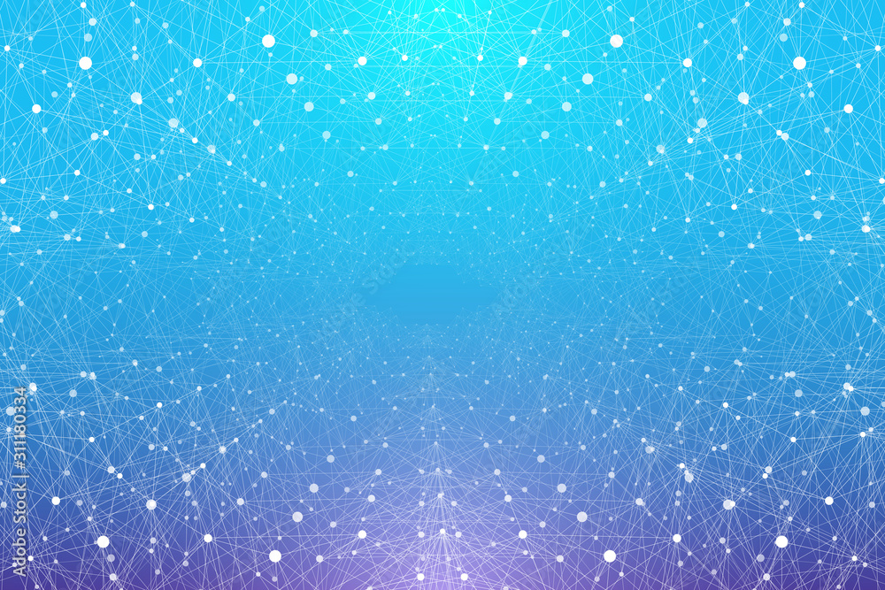 Poster Geometric abstract background tunnel or wormhole with connected line and dots. Futuristic wormhole 3d space time portal visualization. Wireframe tunnel grid texture background. Vector illustration