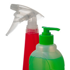 red spray bottle and green soap. studio photography of spray multipurpose cleaner - isolated on white background
