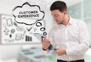 Business, technology, internet and network concept. The young businessman comes to mind the keyword: Customer experience