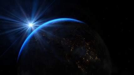 Fototapeta na wymiar Planet earth from the space at night. Sunrise illuminate the earth in outer space. Elements of this image furnished by NASA - 3d illustration.