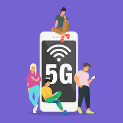 Flat people with gadgets sitting on the big 5G smartphone.