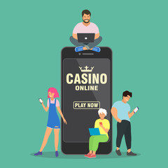 Online casino concept. People are near a large smartphone and play online casino.