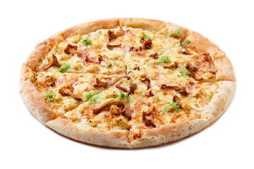 Delicious classic italian Pizza with bacon, chanterelles, wasabi and cheese.