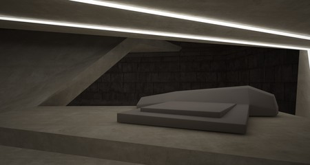 Abstract architectural concrete interior of a minimalist house with swimming pool and neon lighting. 3D illustration and rendering.