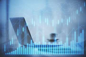 Double exposure of forex graph and work space with computer. Concept of international online trading.