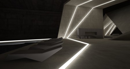 Abstract architectural concrete interior of a minimalist house with swimming pool and neon lighting. 3D illustration and rendering.