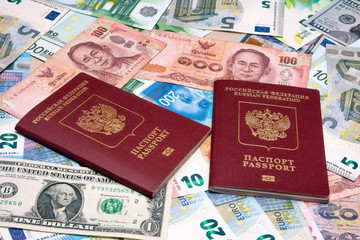 Passports are on banknotes from different countries