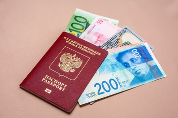 Russian passport with banknotes inside