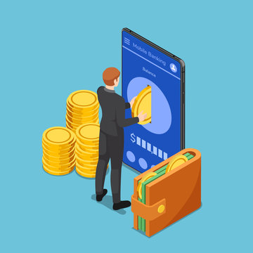 Isometric Businessman Put Gold Coin Into Smartphone