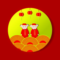Rat wear red and yellow chinese dress with gold and paper lantern on golden circle and red background. Chinese new year concept.