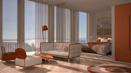 One-room apartment, white and orange interior design, parquet, open space: living room with sofa, armchairs, table, bedroom with bed and blanket. Panoramic windows with curtains