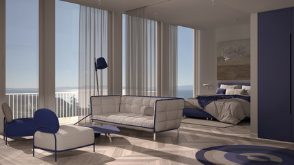 One-room apartment, white and purple interior design, parquet, open space: living room with sofa, armchairs, table, bedroom with bed and blanket. Panoramic windows with curtains