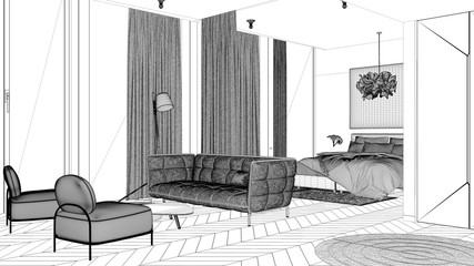 Blueprint project draft, one-room apartment, interior design, parquet, open space: living room with sofa, armchairs, bedroom with bed and blanket. Panoramic windows with curtains